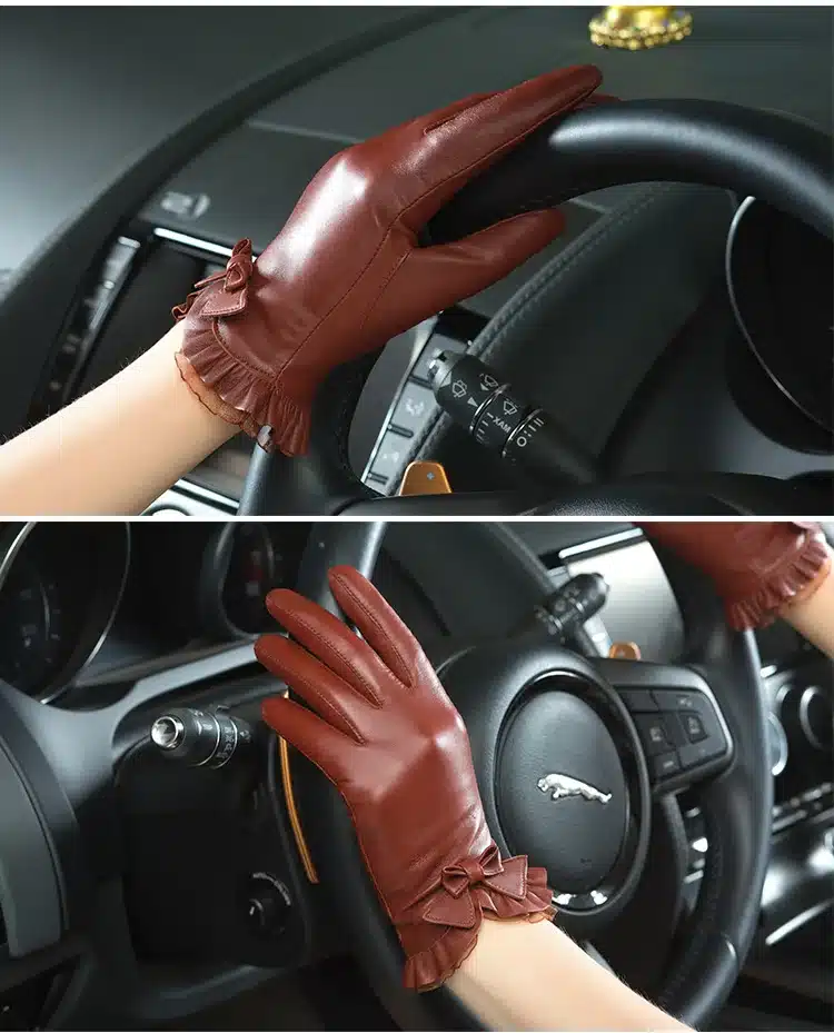 BOOUNI Genuine Sheepskin Gloves 2017 Fashion Wrist Lace Bow Solid Women Leather Glove Thermal Winter Driving Keep Warm 176 12