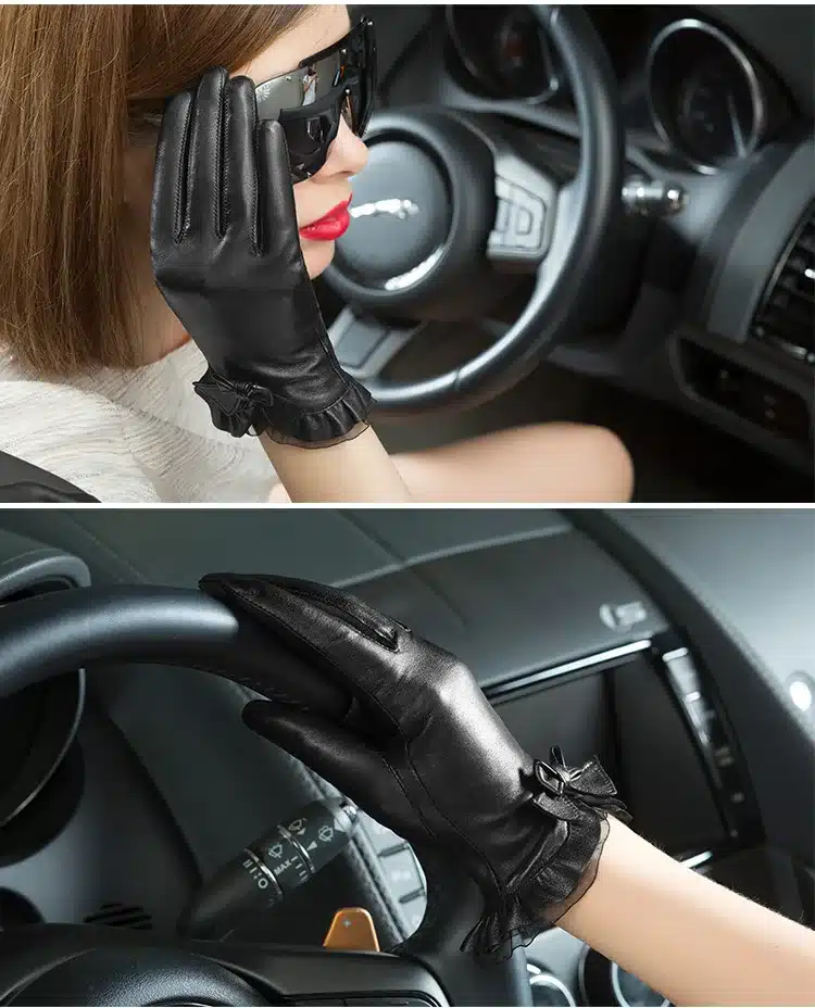 BOOUNI Genuine Sheepskin Gloves 2017 Fashion Wrist Lace Bow Solid Women Leather Glove Thermal Winter Driving Keep Warm 176 13