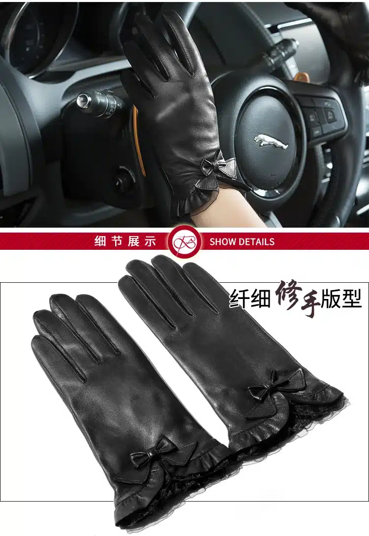 BOOUNI Genuine Sheepskin Gloves 2017 Fashion Wrist Lace Bow Solid Women Leather Glove Thermal Winter Driving Keep Warm 176 14