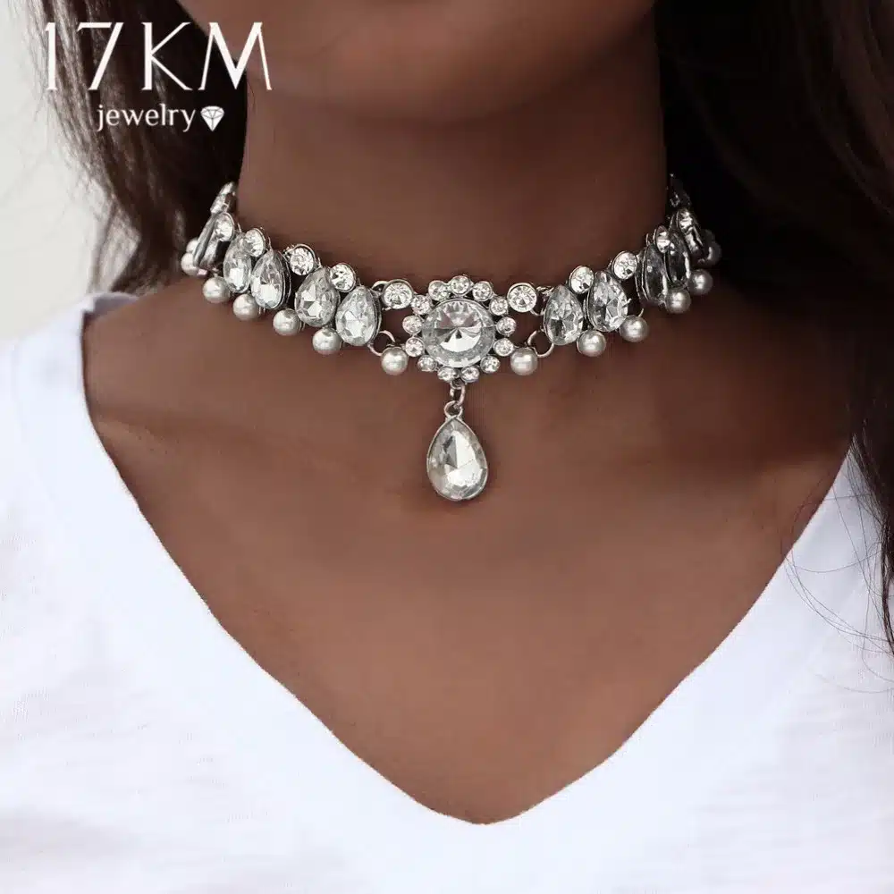 17KM Boho Collar Choker Water Drop Crystal Beads Choker Necklace &pendant Vintage Simulated Pearl Statement Beads Maxi Jewelry 35
