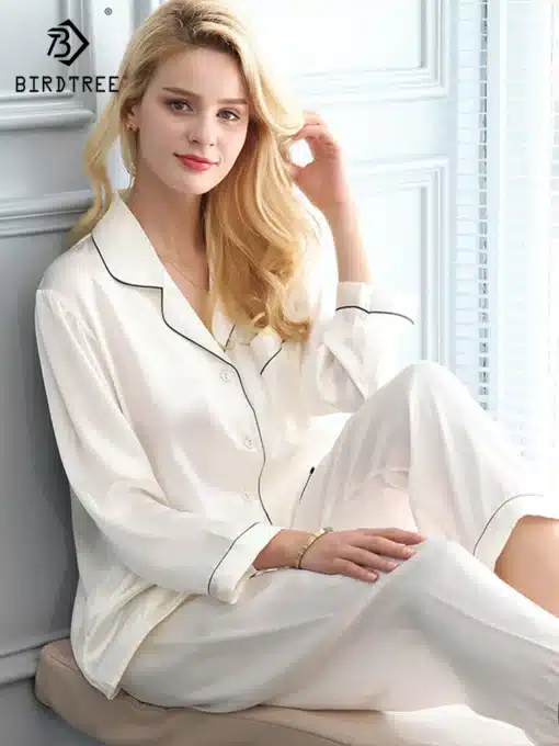 Luksuslik naiste pidžaamakomplekt, valmistatud 100% mulberry siidist, suveks ja sügiseks, pikkade varrukatega ja pahkluuni ulatuvate pükstega, elegantse stiiliga.