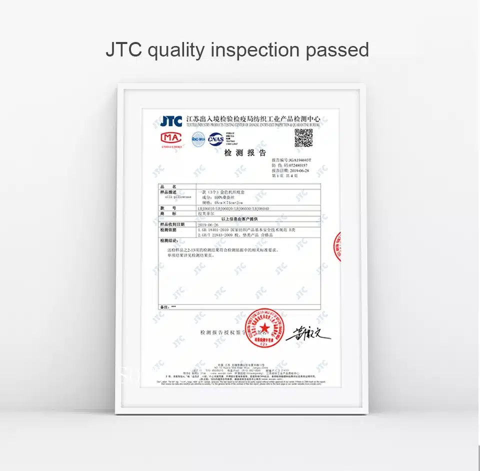 Valge raamitud sertifikaat JTC kvaliteedikontrolli kinnitusega, punased templid ja tekst.
