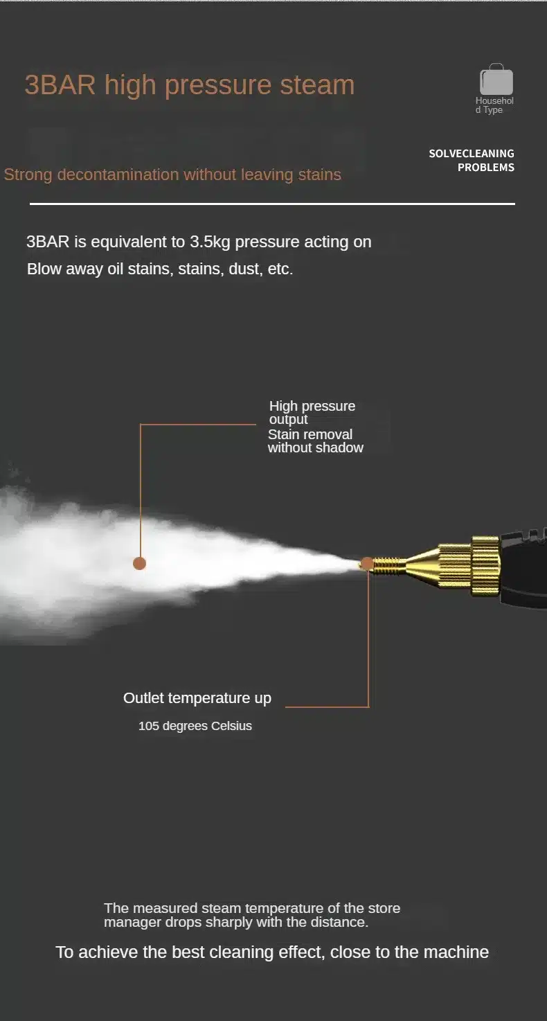 kõrgsurve aurupuhasti, mis eemaldab plekid ja tolmu, aurutemperatuur 105 kraadi