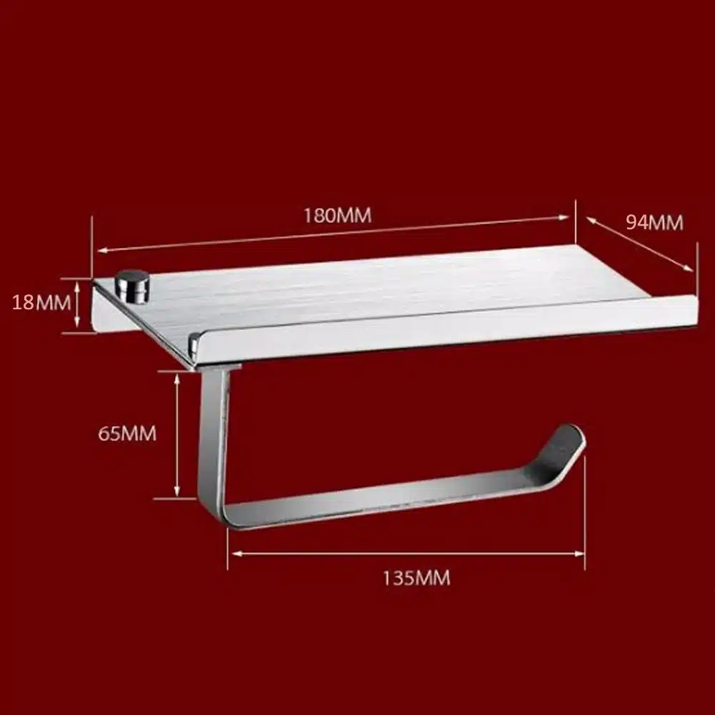 metallist tualettpaberihoidja väikese riiuliga, hõbedane, mõõtudega 180x94 mm