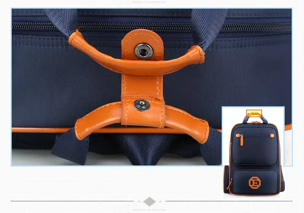 tumesinine koolikott oranžide detailidega, tõmblukk ja käepide