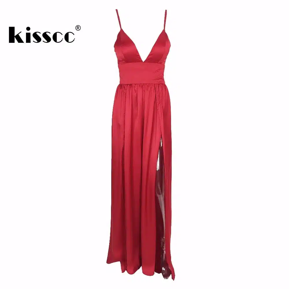 2017 Sexy Deep V Neck Backless Maxi Dress 2 High Splits Dress Red Satin Floor Length Open Back Night Club Evening Party Dress 20