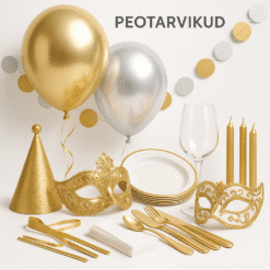 Erinevad peotarvikud, sealhulgas dekoratsioonid, aksessuaarid, kostüümid ja maskid