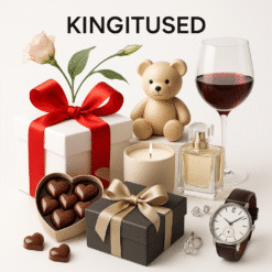Erinevad kingitused laual, sh kinkekarbid ja lilled