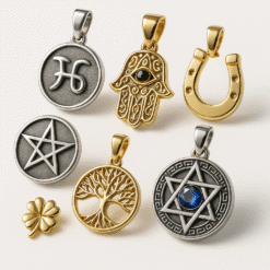 Erinevad talismanid ja amuletid e-poe vitriinil