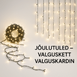 Jõulutuled säravad pimedas toas, valguskett ja valguskardin loovad piduliku õhkkonna