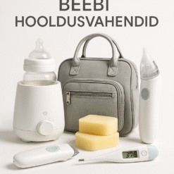 Erinevad beebi hooldusvahendid, sealhulgas lutipudeli soojendajad, mähkmekotid ja ninapuhastajad