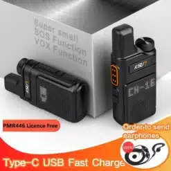 väikesed mustad raadiosaatjad koos LED-ekraaniga ja USB-C laadimisvõimalusega
