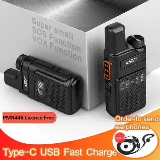 väikesed mustad raadiosaatjad koos LED-ekraaniga ja USB-C laadimisvõimalusega
